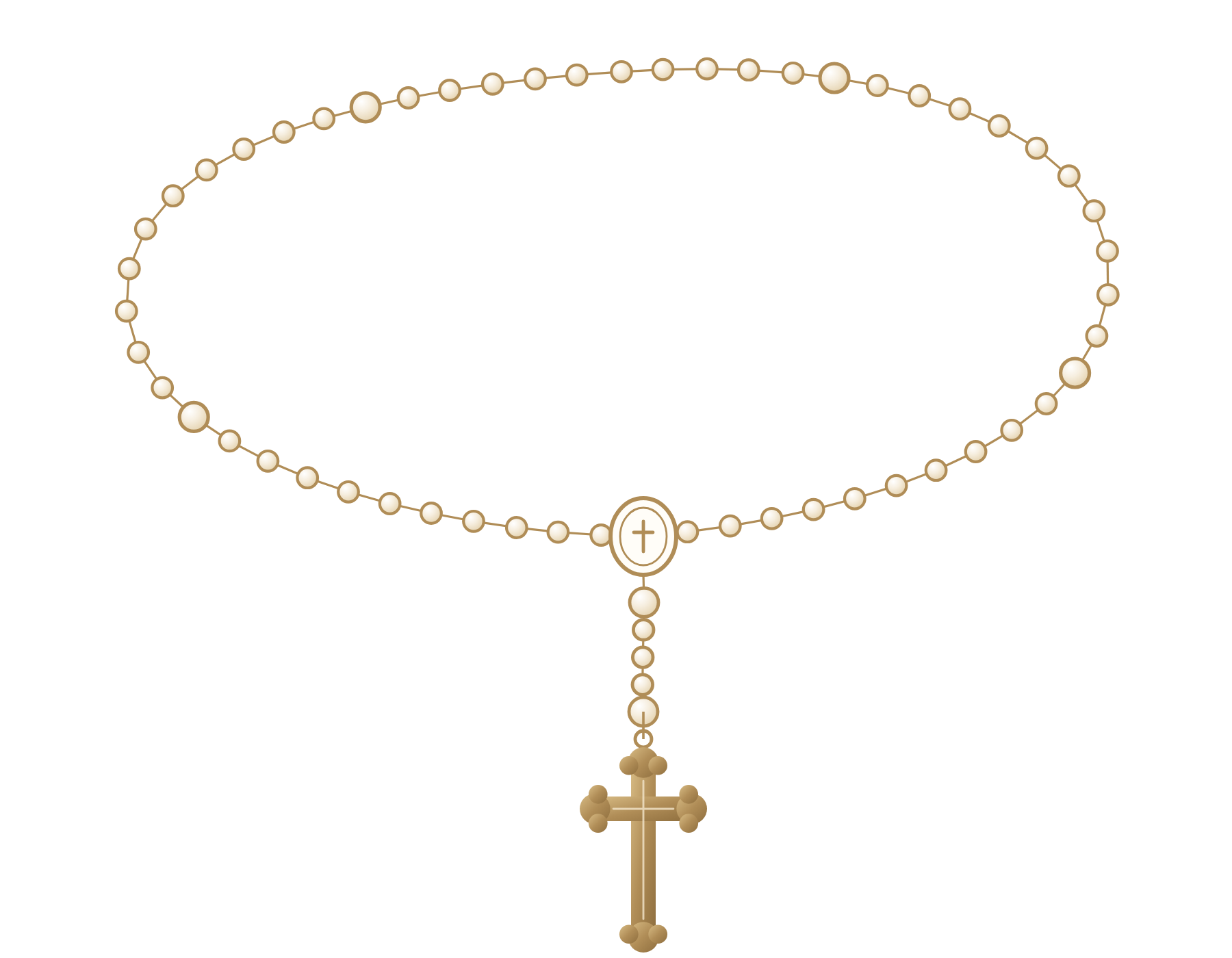 Gold line drawing of a rosary with a cross